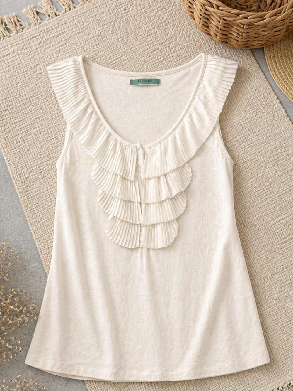 Pleione Cream‎ Pleated Ruffle Sleeveless Blouse Tank Top Size Small